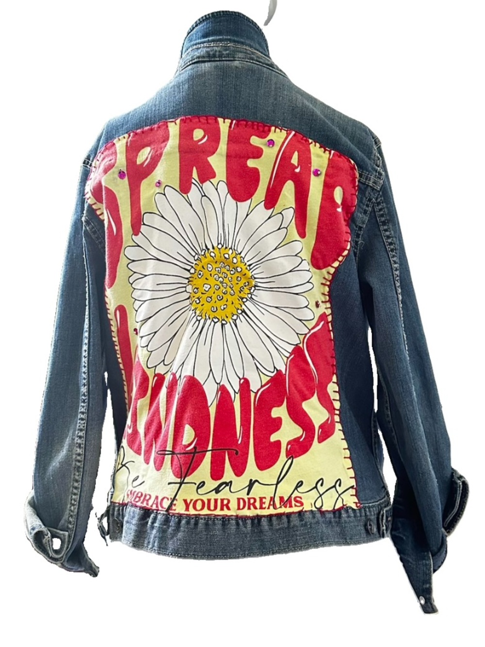 Custom Denim Jacket T-shirt Appliqué stitched Art to Wear OOAK Cottage Sz L